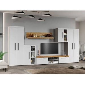 Set Living Olaf C09, 375.2x35.2x182 cm, Alb cu Stejar Auriu