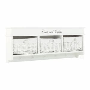 Cuier DacEnergy, realizat din lemn, de perete, 5 agatatoare, 3 cosuri din rachita artificiala si textil, 100 x 40 x 20 cm, alb