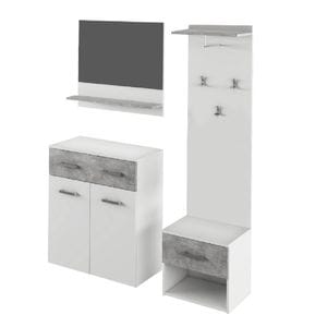 Set mobila hol DacEnergy, MDF laminat, o polita suspendata, un dulap cu doua usi, cuier cu un sertar, 130 x 35.5 x 185 cm, nuanta de alb si beton
