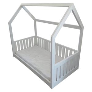 Pat tip casuta pentru copii NOVOKIDS Lovely Little House, 160x80 CM, Set cu Saltea din Spuma MATSEN 10 CM Inclusa, Pal 18 mm, Margini anti-lovire, Protectie Laterala cu montare universala, Alb