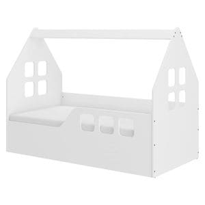 Pat tip casuta pentru copii NOVOKIDS MAGIC LITTLE HOUSE, 160x80 CM, Set cu Saltea din Spuma MATSEN 10 CM Inclusa, Somiera Sistem FLEX, Protectie Laterala Dreapta, Coborare Prin Stanga