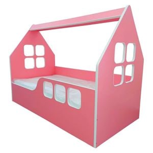 Pat tip casuta pentru copii NOVOKIDS Magic Pink House, 160x80 CM, Pal 18 mm, Margini anti-lovire, Protectie Laterala cu montare universala, Roz