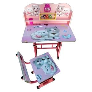 Birou copii din MDF cu scaunel si jucarii interactive Novokids My first desk, dimensiuni 68X43X65, cadru metalic, masuta copii, Model Pisicute, Roz