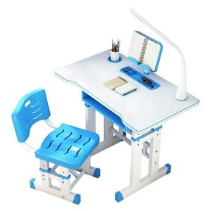 Birou copii din MDF cu scaunel si lampa inclusa Novokids Premium desk, Dimensiuni 80X50X70, Cadru metalic, Albastru cu Alb