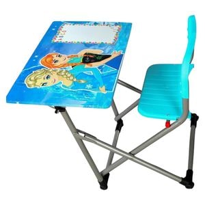 Birou pliabil pentru copii Novokids My first school desk, Cu scaunel inclus, Din MDF, dimensiuni 70X60X66 cm, Cadru metalic, Banca scolara, Model Printese, Bleu