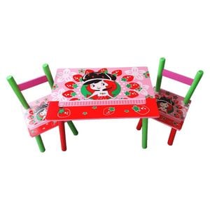 Masuta copii din MDF cu doua scaune Novokids My first table, dimensiuni 59X39X40, suprafata lucioasa, Model Capsunica, Rosu cu Roz