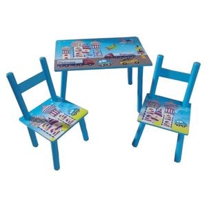Masuta copii din MDF cu doua scaune Novokids My first table, dimensiuni 59X39X40, suprafata lucioasa, Model masinute, Albastru