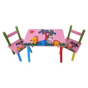 Masuta copii din MDF cu doua scaune Novokids My first table, dimensiuni 59X39X40, suprafata lucioasa, Roz cu Animalute