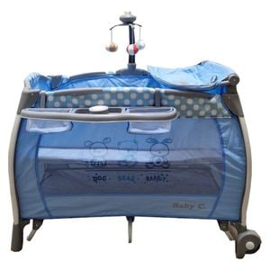 Patut Pliabil rotund cu balansoar, Tarc copii Baby Care PRO FRW, 2 Niveluri de inaltime, Cu melodii si Masa infasat, Carusel cu jucarii din plus, Plasa insecte, Albastru