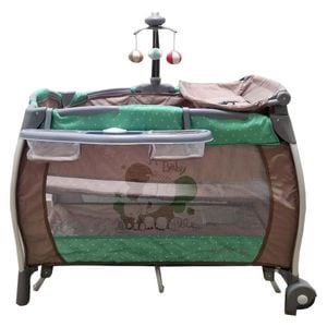 Patut Pliabil rotund cu balansoar, Tarc copii Baby Care PRO FRW, 2 Niveluri de inaltime, Cu melodii si Masa infasat, Carusel cu jucarii din plus, Plasa insecte, Maron cu Verde