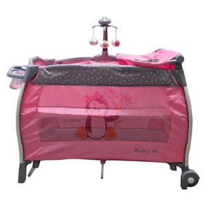 Patut Pliabil rotund cu balansoar, Tarc copii Baby Care PRO FRW, 2 Niveluri de inaltime, Cu melodii si Masa infasat, Carusel cu jucarii din plus, Plasa insecte, Roz