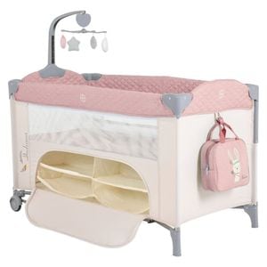Patut pliant transformabil in tarc copii NOVOKIDS Indiana NEST, 62X125 cm, 2 Niveluri, Jucarie Carusel muzical, Fermoar acces lateral, Geanta bebe, Roz