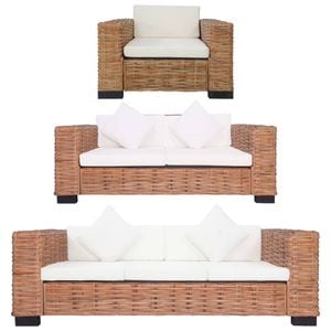 Set canapea cu perne vidaXL, 3 piese, ratan natural, maro 