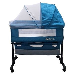 Patut copii transformabil in balansoar bebe Baby Care Co-Sleeper, Cu plasa insecte, Roti cu frana, Dimensiuni 85X95X50 cm, Saltea inclusa, Albastru Turquoise