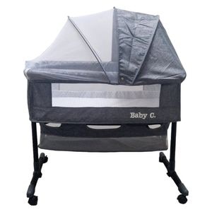 Patut copii transformabil in balansoar bebe Baby Care Co-Sleeper, Cu plasa insecte, Roti cu frana, Dimensiuni 85X95X50 cm, Saltea inclusa, Gri Jeans