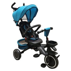 Tricicleta pliabila cu copertina Baby Care Folding Trike, Roti din spuma cauciucata EVA, Scaun reversibil cu rotire 360 grade , Dimensiuni 105X53X100 cm, Albastru Aqua