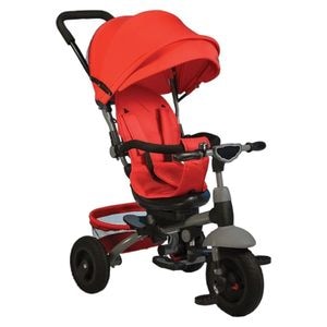 Tricicleta cu copertina NOVOKIDS King Trike, Cu melodii, Roti gonflabile din cauciuc, Pozitie somn, Scaun reversibil cu rotire 360 grade , Dimensiuni 100X50X105 cm, Rosu