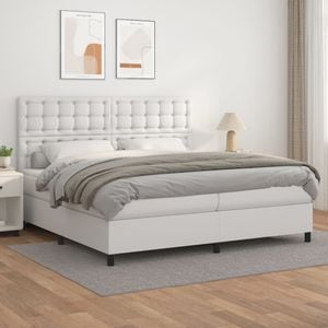 Pat box spring cu saltea vidaXL, 200x200 cm, piele ecologica, alb