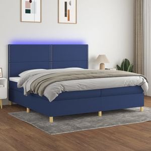 Pat cu arcuri vidaXL, 200x200 cm, textil, saltea si LED, albastru