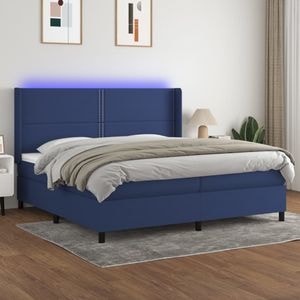 Pat cu arcuri vidaXL, 200x200 cm, textil, saltea si LED, albastru