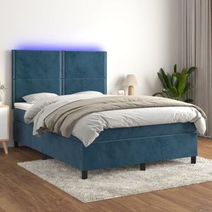 Pat cu arcuri vidaXL, 140x190 cm, catifea, saltea si LED, bleumarin