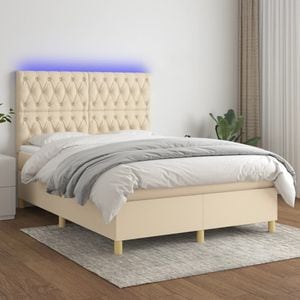 Pat cu arcuri vidaXL, 140x200 cm, textil, saltea si LED, crem