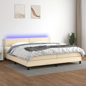 Pat cu arcuri vidaXL, 200x200 cm, textil, saltea si LED, crem