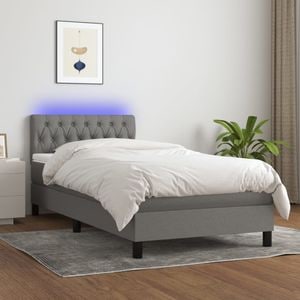 Pat cu arcuri vidaXL, 90x200 cm, textil, saltea si LED, gri inchis
