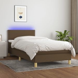 Pat cu arcuri vidaXL, 90x190 cm, textil, saltea si LED, maro inchis