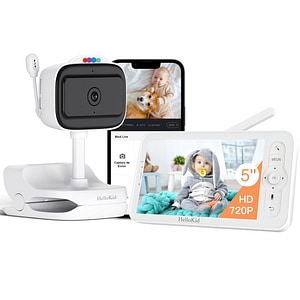 Baby Monitor WiFi 3in1 Fara Fir HelloKid 4Tview HD, Lumini, Baterie Integrata 3000 mAh, Aplicatie Telefon, Detectie Miscare/Zgomot/Temperatura/Umiditate, Zoom Digital,White