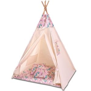 Cort copii stil indian Teepee Tent Kidizi Pink Unicorn, include covoras gros si 2 perne, stabilizator cadou