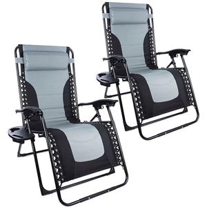 Set 2 Scaune tip Sezlong Pliabil, Hessa,  Material Premium, Gravitatie Zero pentru Terasa, Gradina sau Plaja cu Tetiera si Suport Bauturi, Reglabil, Negru/Gri