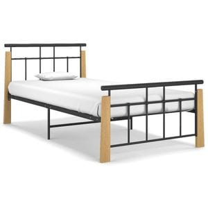 Cadru de pat vidaXL, metal si lemn masiv de stejar, 90 x 200 cm, maro