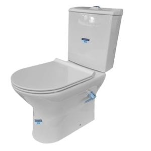 Vas WC ROCA, cu functie de bideu, rezervor dubla comanda 3/6l, capac soft close, baterie cromata atasata, montaj pe pardoseala, evacuare orizontala, alb