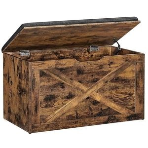 Banca pentru pantofi Sersimo, cu perna, tip cufar de depozitare, stil hambar, 76x40x48cm, maro rustic