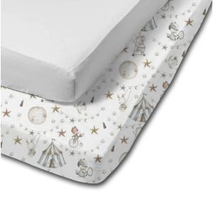 Set 2 cearceafuri din bumbac Kidizi Grey Circus, cu elastic roata pentru patut, 120x60 cm
