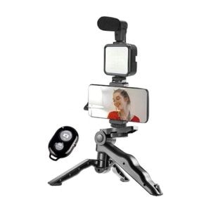 Kit Pentru Vloguri 4 in 1 SIKS, Suport Telefon, Lampa LED, Microfon Si Trepied, Telecomanda, KD4920, Negru