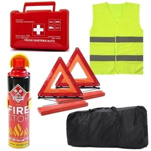 Pachet Auto Complet Omologat pentru Siguranta Rutiera cu Stingator tip Spray, Trusa Medicala, 2x Triunghiuri Reflectorizante, Vesta si Geanta Depozitare