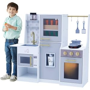 Bucatarie din lemn natural pentru copii LikeSmart Lyon Kitchen, solida si durabila, fara margini ascutite, Cuptor cu Microunde, Frigider, si Accesorii incluse, 80 Cm