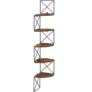 Raft de perete pentru colt, cadru otel cu 5 etaje din MDF, 20x20x128cm, maro rustic si negru