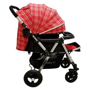 Carucior nou nascuti 2 in 1 BABY CARE PRO 511, Cadru aluminiu, Maner reversibil, Spatar reglabil in 5 trepte, Amortizoare, Frana picior, Pliabil , Rosu cu Carouri