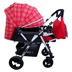 Carucior nou nascuti 2 in 1 BABY CARE PRO 511, Cu geanta inclusa, Cadru aluminiu, Maner reversibil, Spatar reglabil in 5 trepte, Amortizoare, Plasa insecte, Frana picior, Pliabil, Rosu cu carouri