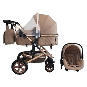 Carucior nou nascuti 3 in 1 Baby Care PRO 530, Cu geanta, Cadru Aluminiu Gold, Amortizoare, Roti din cauciuc plin AVE, Landou, Scoica auto, Spatar reglabil 3 trepte, Plasa insecte, Crem