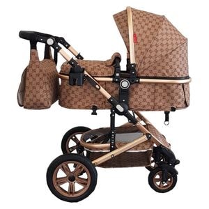 Carucior nou nascuti 3 in 1 Baby Care PRO 530, Cu geanta, Cadru Aluminiu Gold, Amortizoare, Roti din cauciuc plin AVE, Landou, Scoica auto, Spatar reglabil 3 trepte, Plasa insecte, Crem cu Imprimeu Bambucci