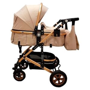 Carucior nou nascuti 3 in 1 Baby Care PRO 531, Cu geanta inclusa, Cadru Aluminiu Gold, Amortizoare, Roti din cauciuc plin AVE, Landou, Scoica auto, Spatar reglabil 3 trepte, Plasa insecte, Crem
