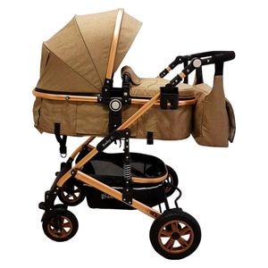 Carucior nou nascuti 3 in 1 Baby Care PRO 531, Cu geanta inclusa, Cadru Aluminiu Gold, Amortizoare, Roti din cauciuc plin AVE, Landou, Scoica auto, Spatar reglabil 3 trepte, Plasa insecte, Maron Cappuccino