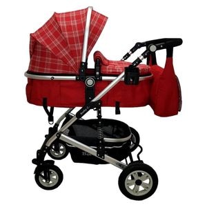 Carucior nou nascuti 3 in 1 Baby Care PRO 531, Cu geanta inclusa, Cadru Aluminiu Gold, Amortizoare, Roti din cauciuc plin AVE, Landou, Scoica auto, Spatar reglabil 3 trepte, Plasa insecte, Rosu cu carouri