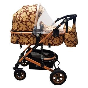 Carucior nou nascuti 3 in 1 Baby Care PRO 531, Cu geanta inclusa, Cadru Aluminiu Gold, Amortizoare, Roti din cauciuc plin AVE, Landou, Scoica auto, Spatar reglabil 3 trepte, Plasa insecte, Beige cu imprimeu Fluturasi Maron