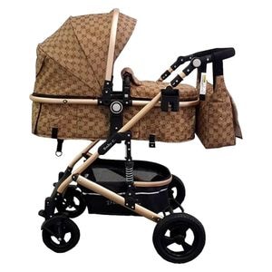 Carucior nou nascuti 3 in 1 Baby Care PRO 531, Cu geanta inclusa, Cadru Aluminiu Gold, Amortizoare, Roti din cauciuc plin AVE, Landou, Scoica auto, Spatar reglabil 3 trepte, Plasa insecte, Beige cu imprimeu Maron