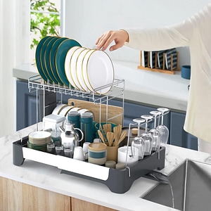 Scurgator de vase, Quasar & Co., extensibil, etajat, cu suport pentru cutite/tacamuri/pahare, metal/plastic, 32,5-50 x 35 cm, gri